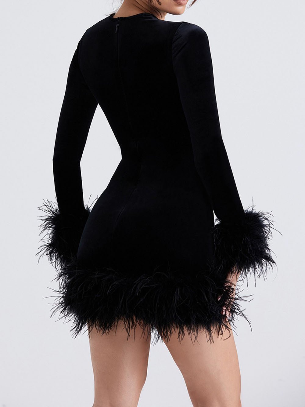 Velvet Crew Neck Long Sleeve Feather Trim Cuff and Hem Bodycon Mini Dress