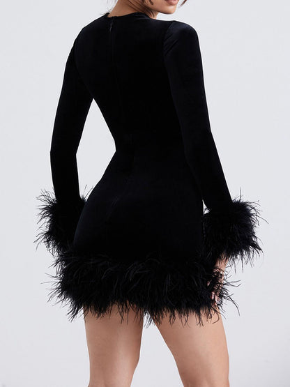 Velvet Crew Neck Long Sleeve Feather Trim Cuff and Hem Bodycon Mini Dress