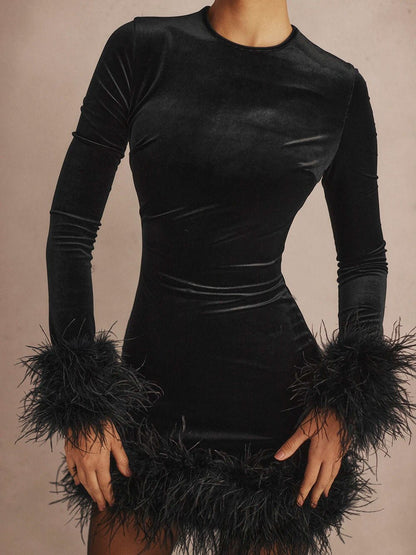 Velvet Crew Neck Long Sleeve Feather Trim Cuff and Hem Bodycon Mini Dress