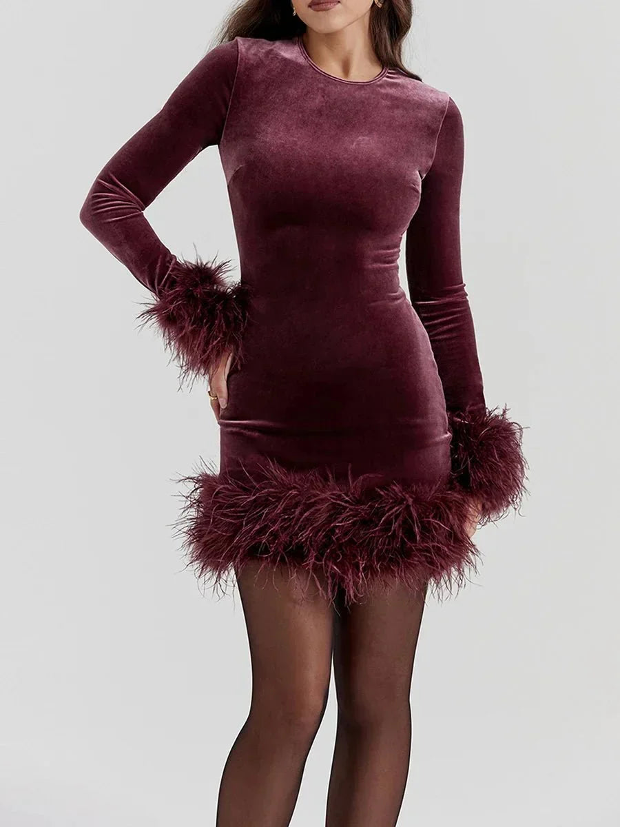 Velvet Crew Neck Long Sleeve Feather Trim Cuff and Hem Bodycon Mini Dress