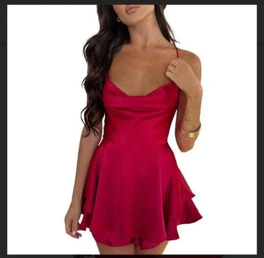 Satin Silk Red Mini Romper Dress Cami Tie-Up