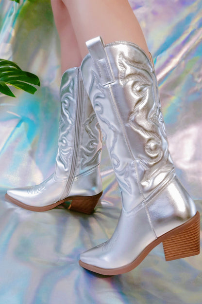 Pointed-toe Mid-calf Chunky Heel Cowboy Boots