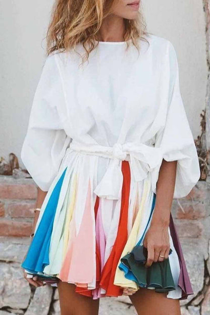 Balloon Sleeve Tie Waist Colorblock Pleated Panel Mini Dress