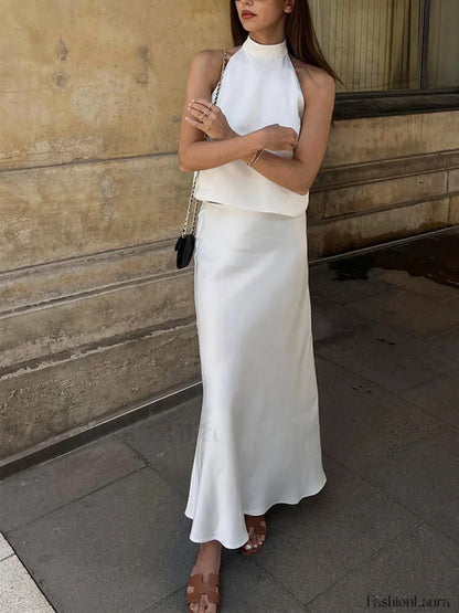 Sacred Dream Open Back Modern Satin Two Piece Skirt Set