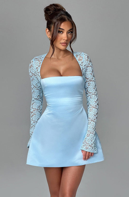 Satin Mini Dress with Lace Long Sleeves
