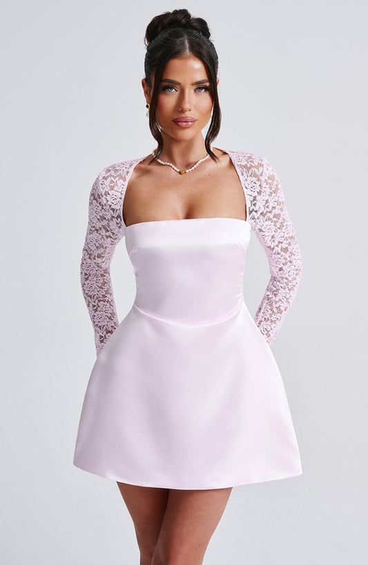 Satin Mini Dress with Lace Long Sleeves