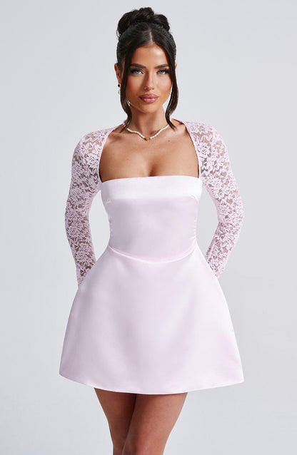 Satin Mini Dress with Lace Long Sleeves