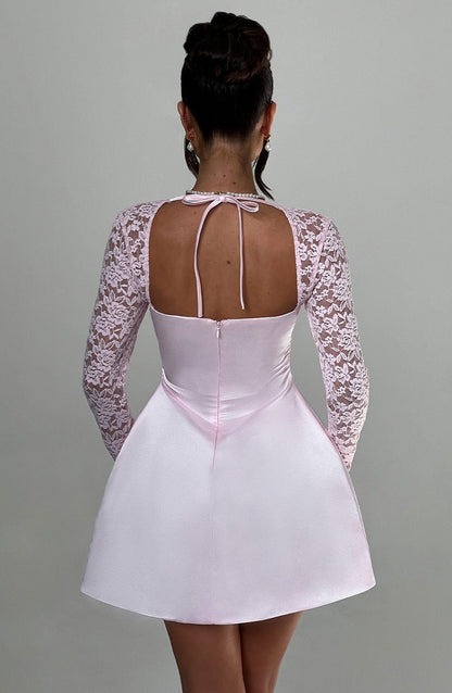 Satin Mini Dress with Lace Long Sleeves