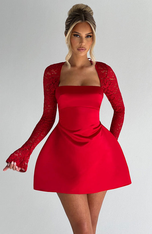 Satin Mini Dress with Lace Long Sleeves