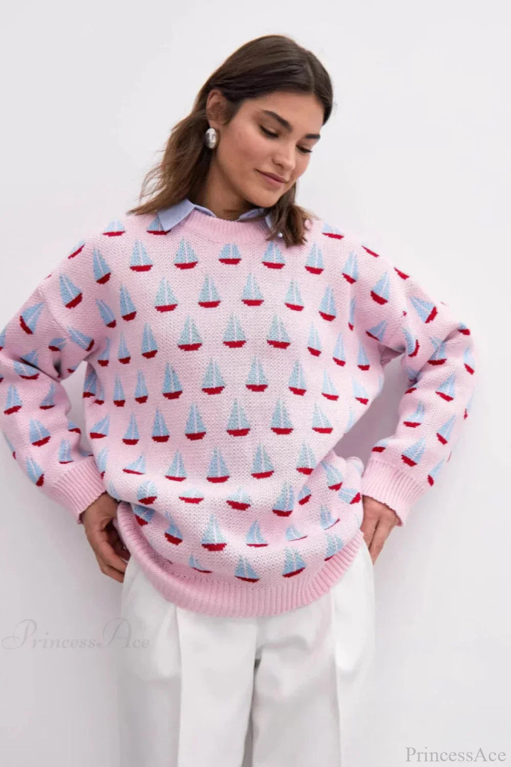 Sailboat Jacquard Loose Lazy Versatile Multi color Pullover Knit Sweater