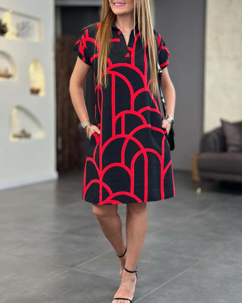Geometric Print Polo Collar Short Sleeve Shift Midi Dress