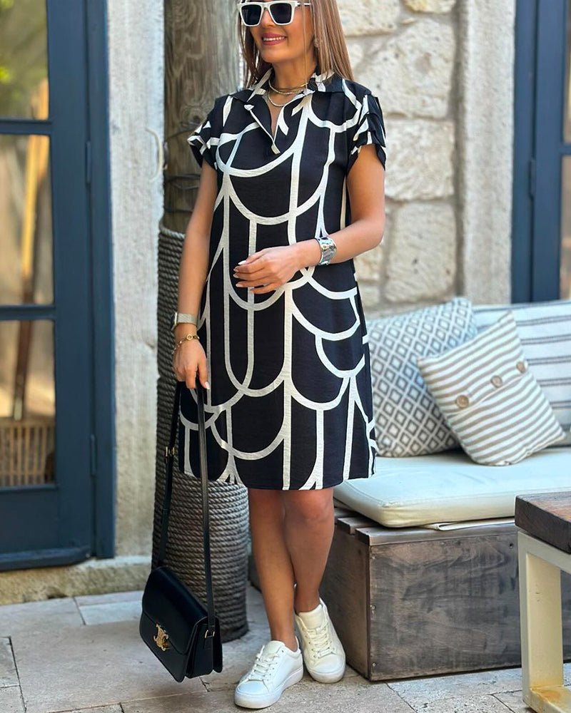Geometric Print Polo Collar Short Sleeve Shift Midi Dress