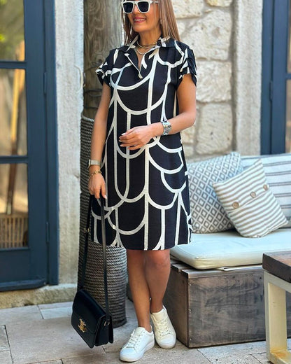 Geometric Print Polo Collar Short Sleeve Shift Midi Dress