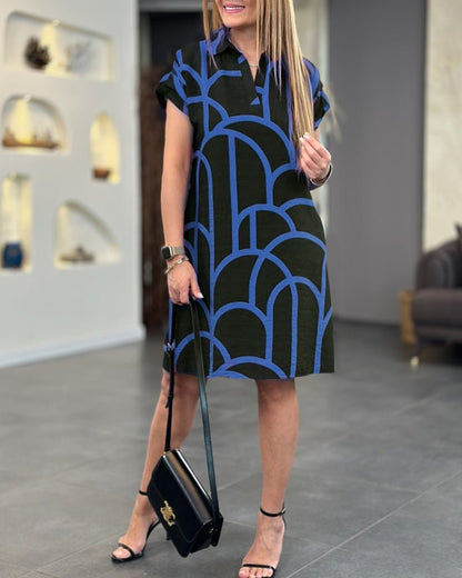 Geometric Print Polo Collar Short Sleeve Shift Midi Dress