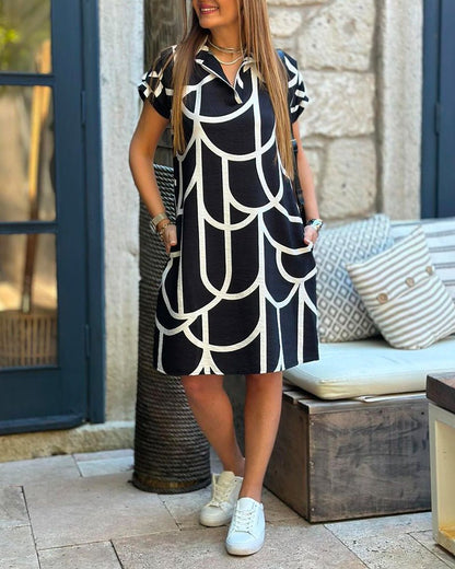 Geometric Print Polo Collar Short Sleeve Shift Midi Dress