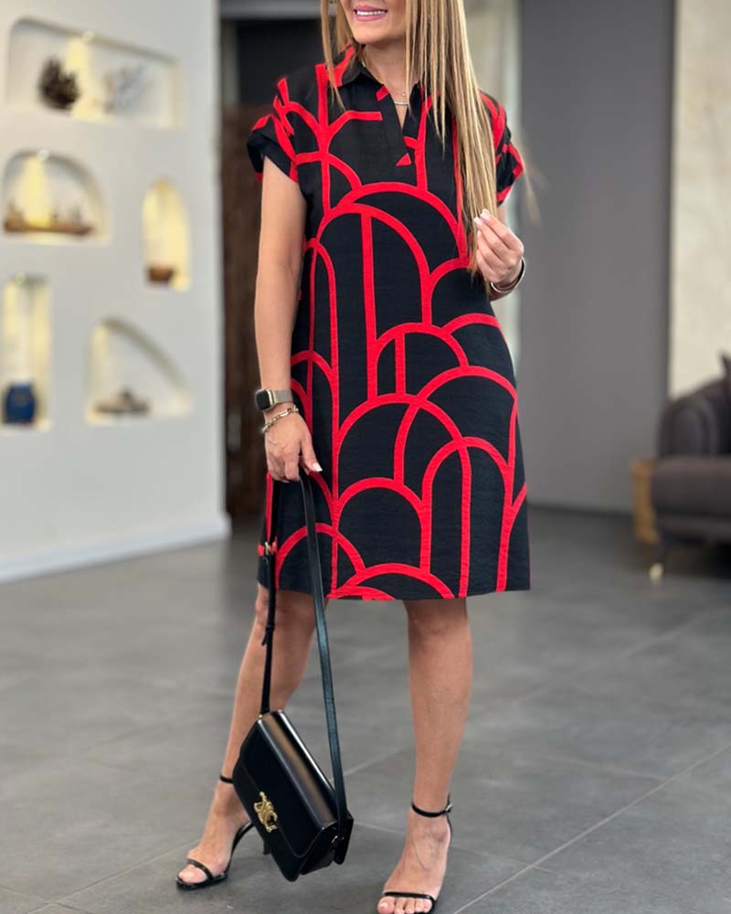 Geometric Print Polo Collar Short Sleeve Shift Midi Dress