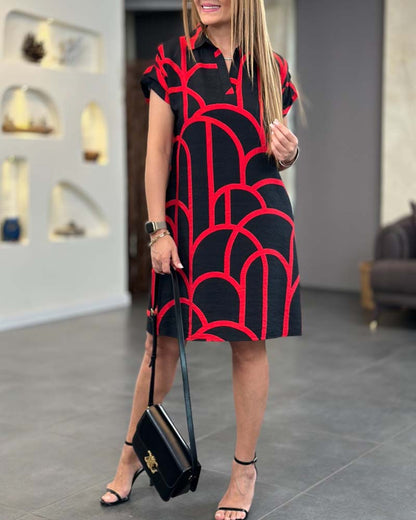 Geometric Print Polo Collar Short Sleeve Shift Midi Dress
