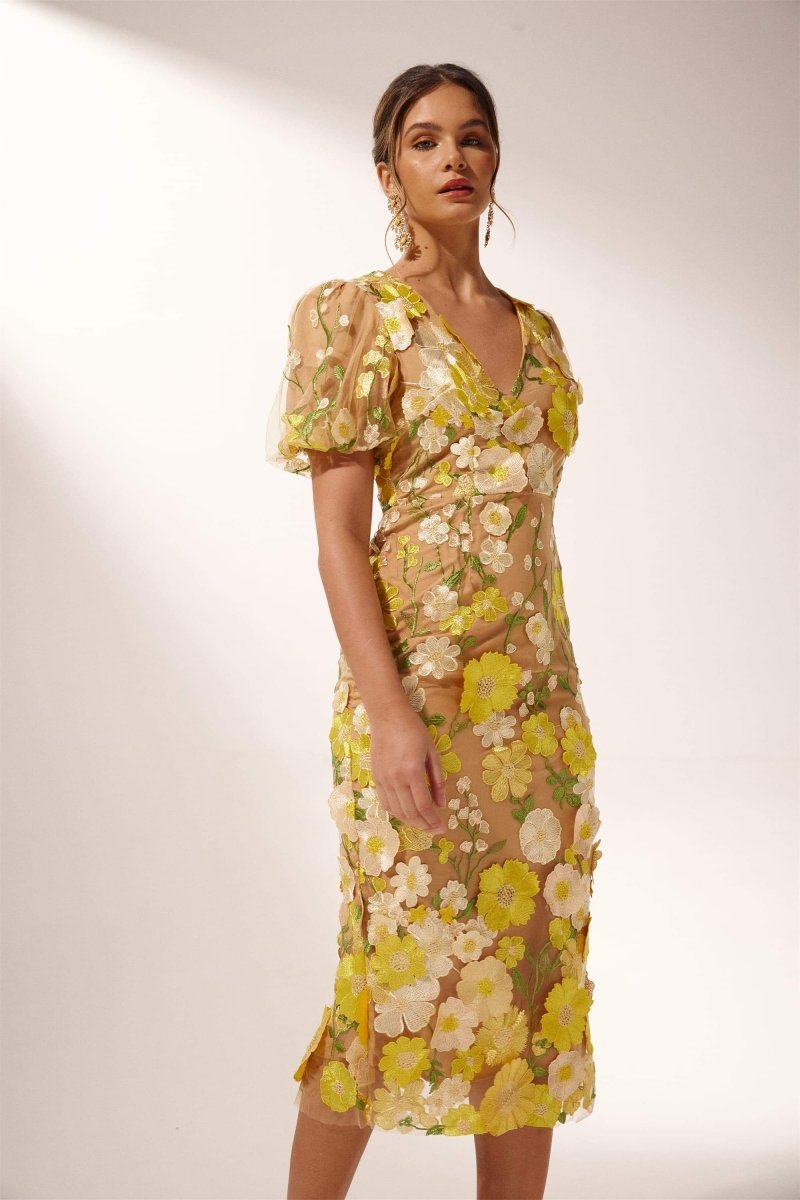 3D Floral Appliqué Puff Sleeve Deep V-Neck Midi Dress