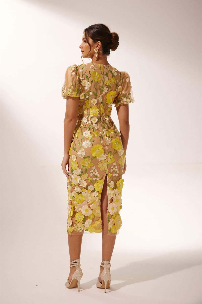 3D Floral Appliqué Puff Sleeve Deep V-Neck Midi Dress