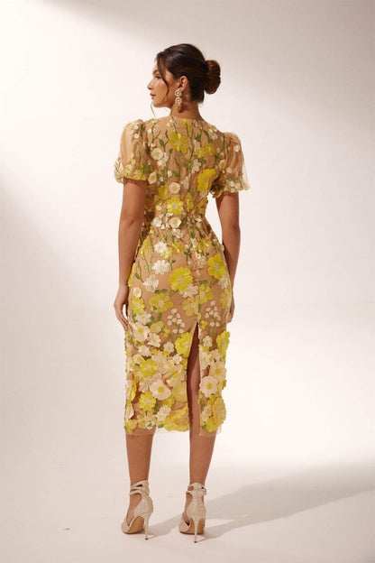 3D Floral Appliqué Puff Sleeve Deep V-Neck Midi Dress