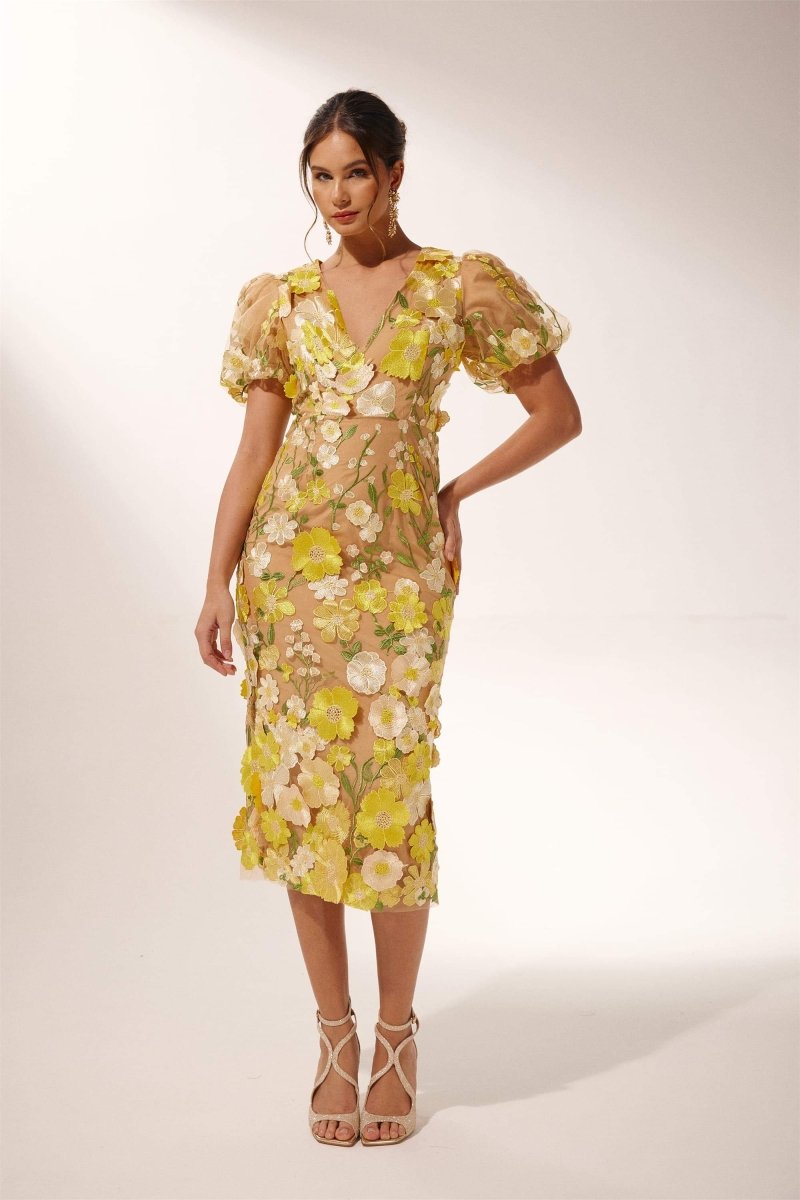 3D Floral Appliqué Puff Sleeve Deep V-Neck Midi Dress