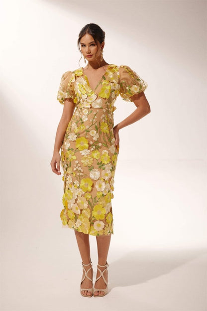 3D Floral Appliqué Puff Sleeve Deep V-Neck Midi Dress
