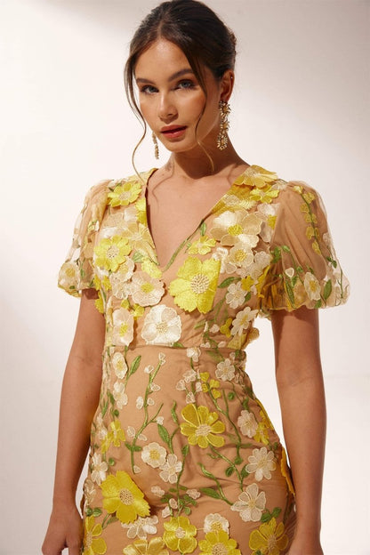 3D Floral Appliqué Puff Sleeve Deep V-Neck Midi Dress