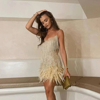 Tiered Beaded Fringe Feather Hem Spaghetti Strap Mini Dress