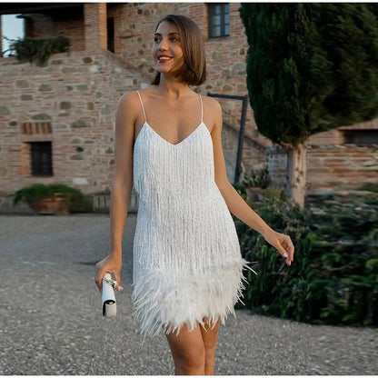 Tiered Beaded Fringe Feather Hem Spaghetti Strap Mini Dress