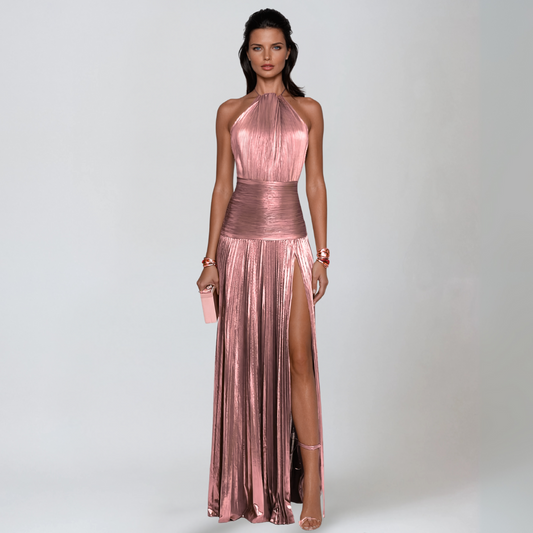 Women’s Halter Neck Metallic Maxi Dress - Front Slit Evening Glam