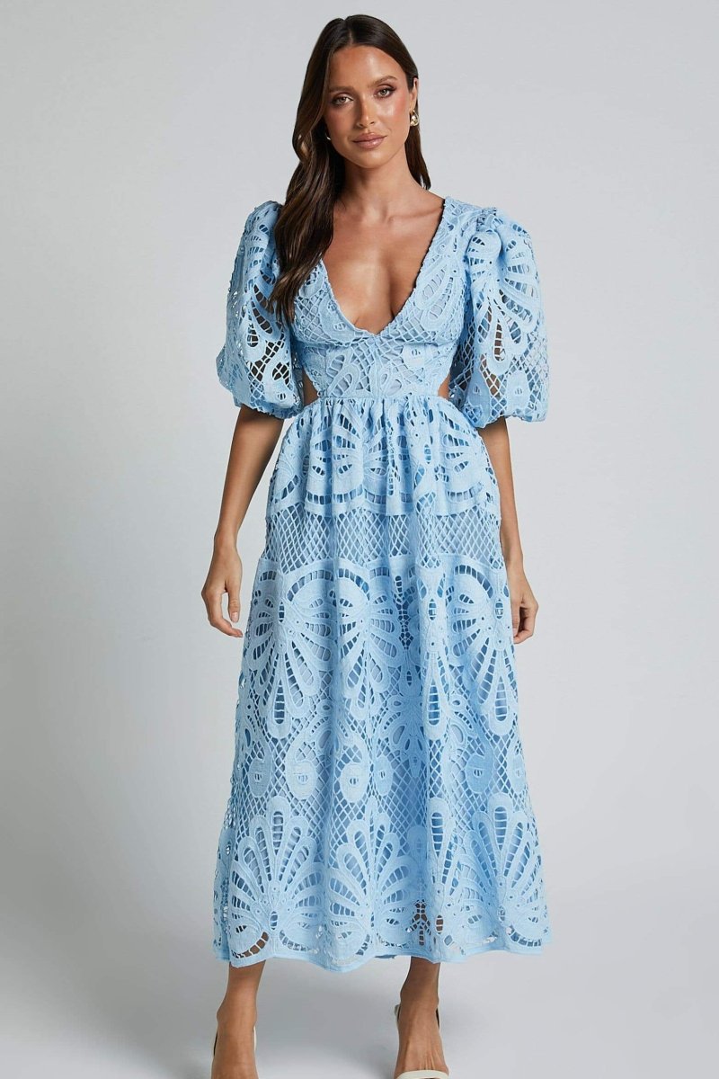 Crochet Lace Puff Sleeve Deep V-Neck Side Cutout Tiered Midi Dress