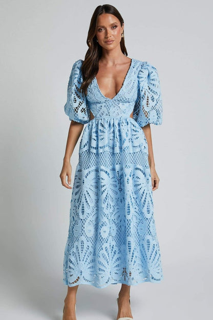 Lace Deep V-Neck Puff Sleeve Waist Cut Out Tiered Midi Dress