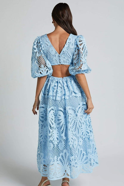 Crochet Lace Puff Sleeve Deep V-Neck Side Cutout Tiered Midi Dress