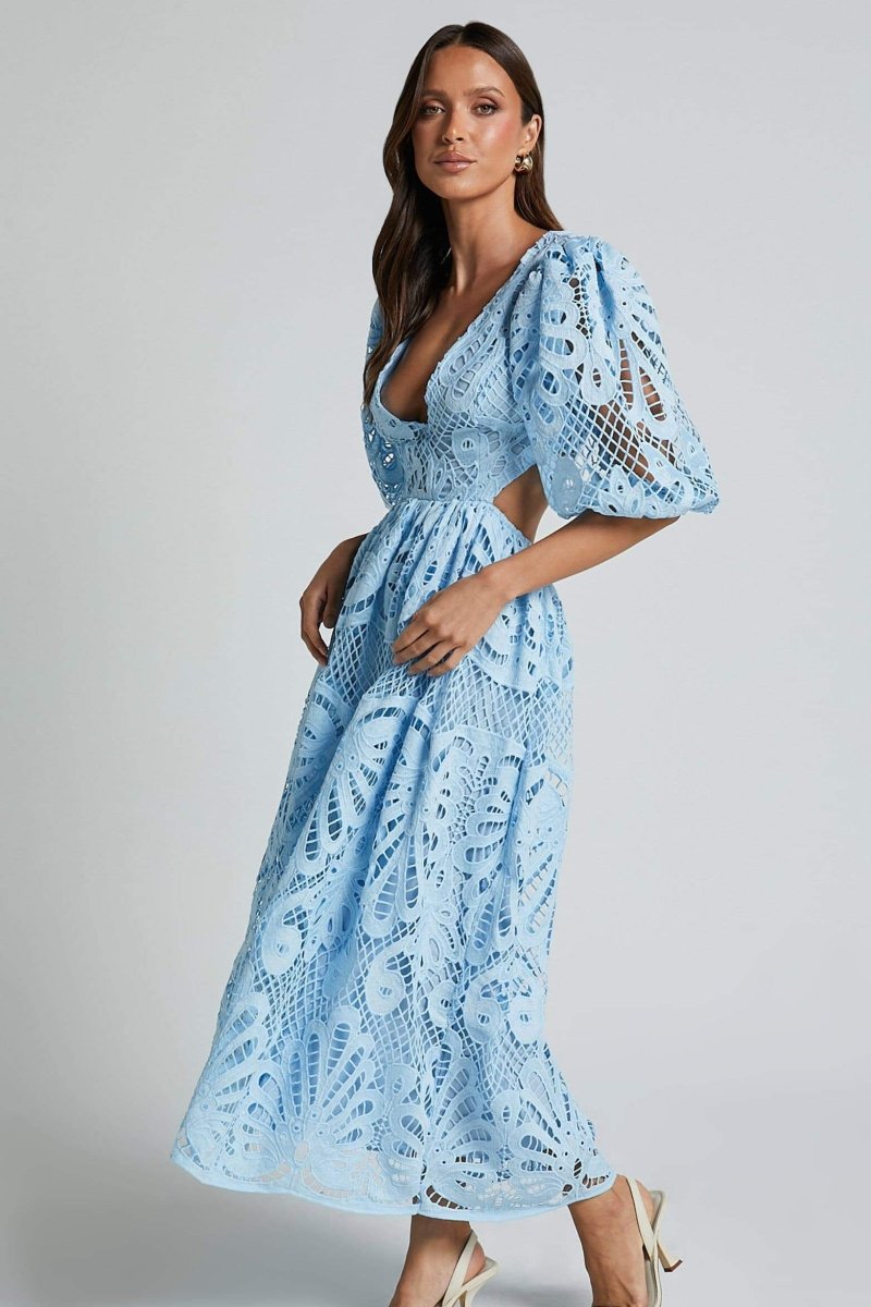 Crochet Lace Puff Sleeve Deep V-Neck Side Cutout Tiered Midi Dress
