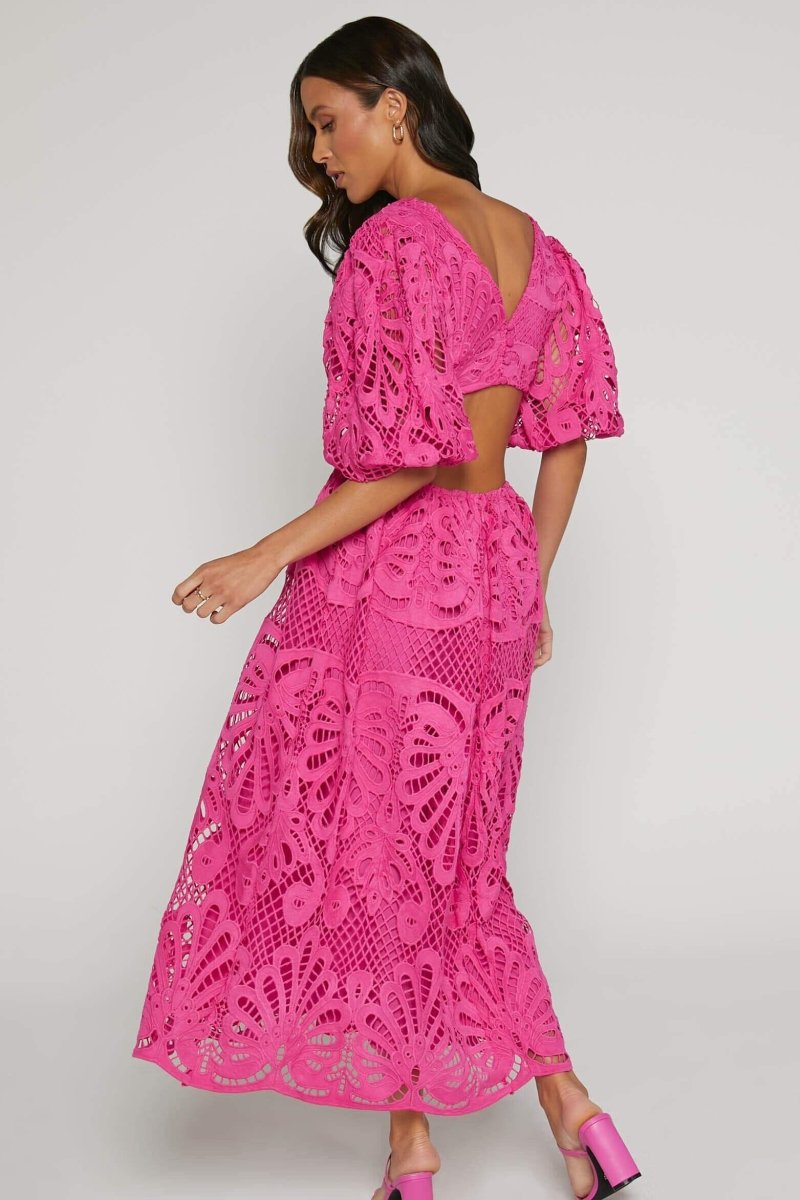 Lace Deep V-Neck Puff Sleeve Waist Cut Out Tiered Midi Dress