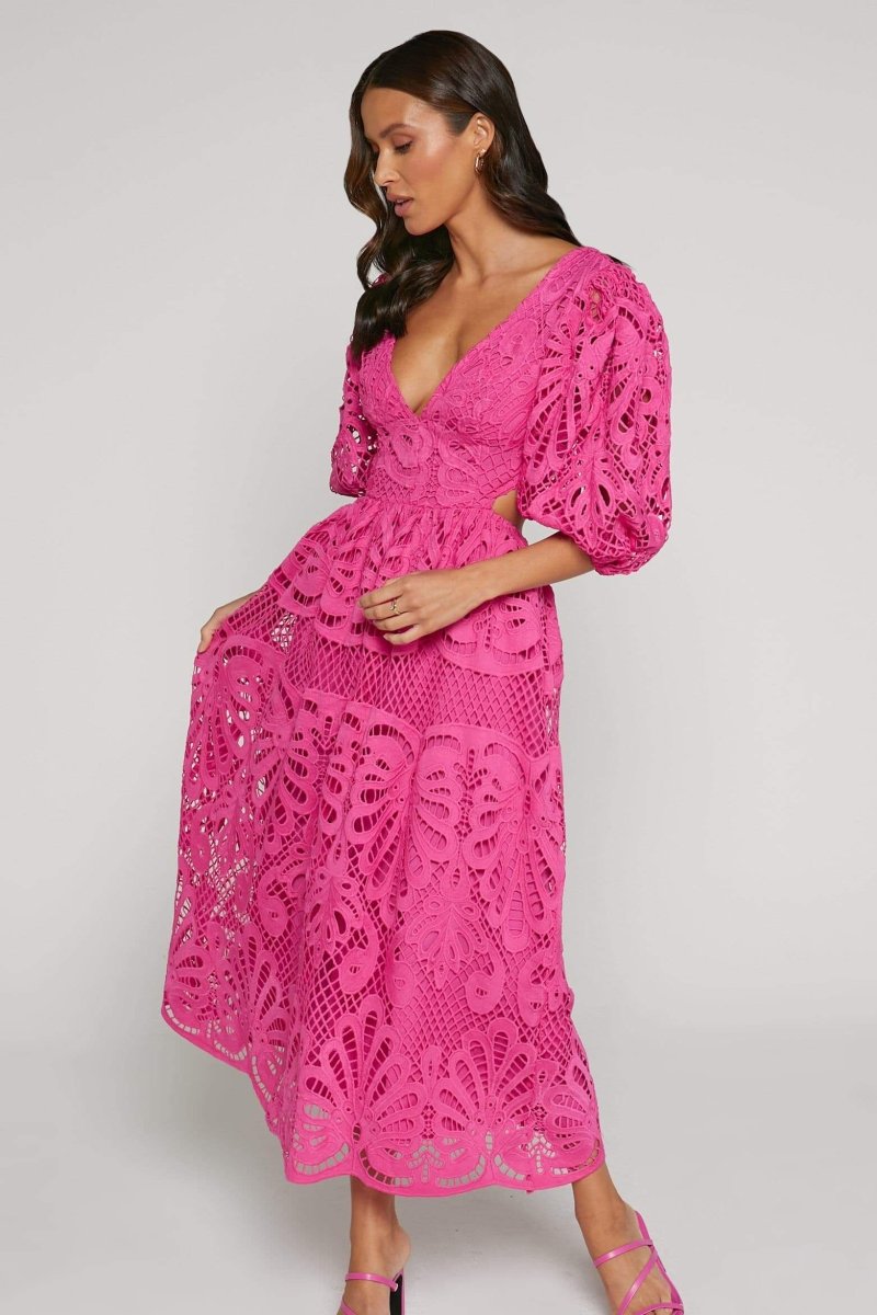 Crochet Lace Puff Sleeve Deep V-Neck Side Cutout Tiered Midi Dress