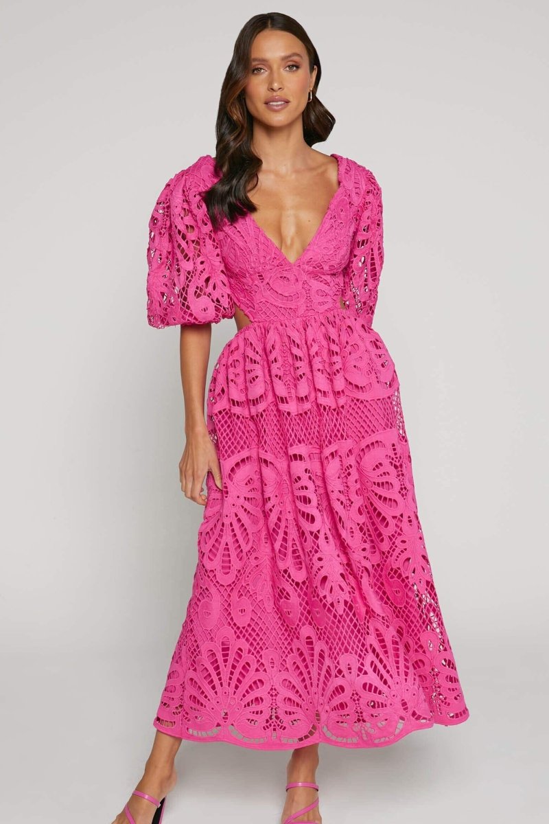 Lace Deep V-Neck Puff Sleeve Waist Cut Out Tiered Midi Dress