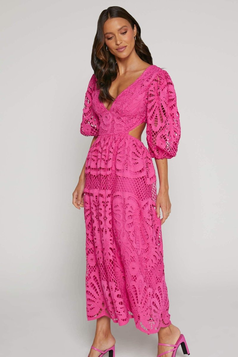 Crochet Lace Puff Sleeve Deep V-Neck Side Cutout Tiered Midi Dress
