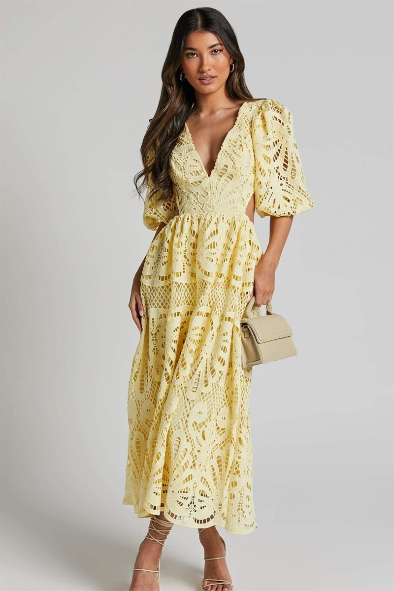 Crochet Lace Puff Sleeve Deep V-Neck Side Cutout Tiered Midi Dress