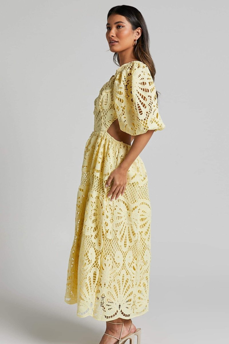 Crochet Lace Puff Sleeve Deep V-Neck Side Cutout Tiered Midi Dress