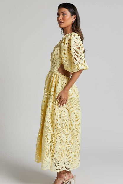 Crochet Lace Puff Sleeve Deep V-Neck Side Cutout Tiered Midi Dress