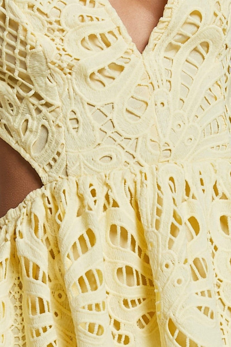 Crochet Lace Puff Sleeve Deep V-Neck Side Cutout Tiered Midi Dress