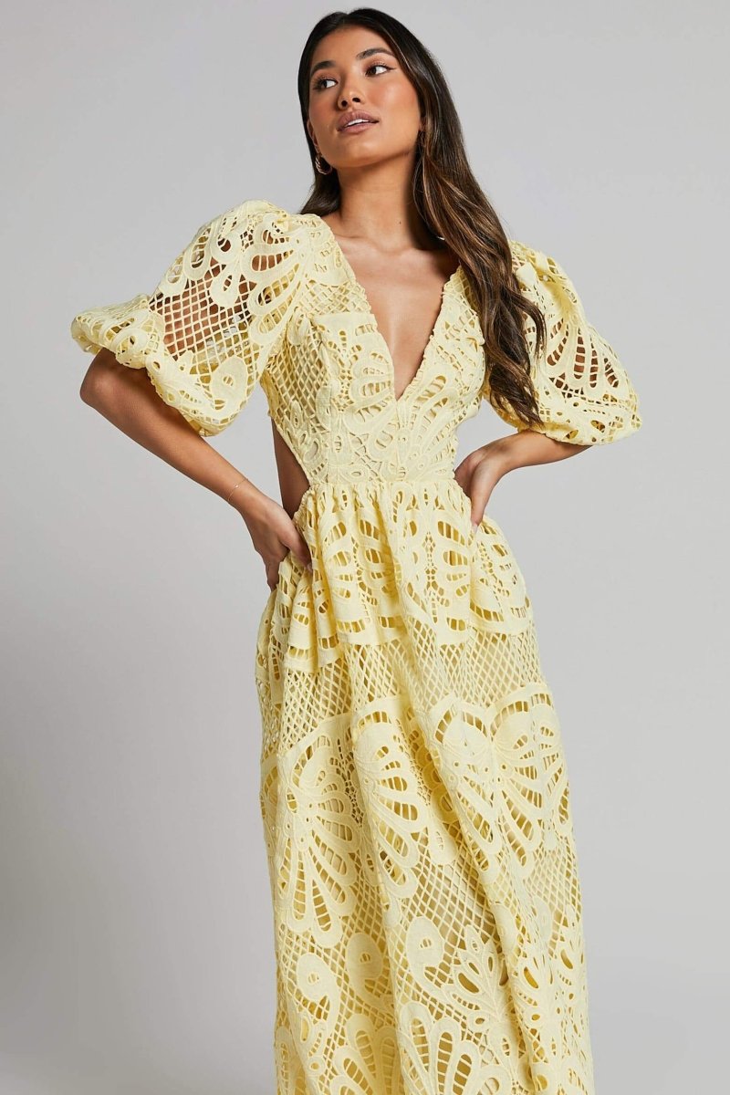 Crochet Lace Puff Sleeve Deep V-Neck Side Cutout Tiered Midi Dress