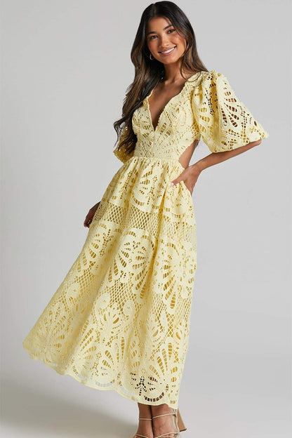 Crochet Lace Puff Sleeve Deep V-Neck Side Cutout Tiered Midi Dress