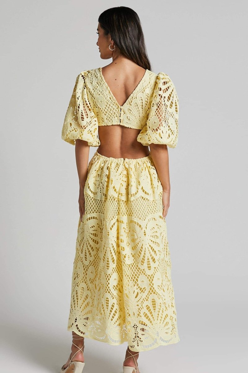 Crochet Lace Puff Sleeve Deep V-Neck Side Cutout Tiered Midi Dress