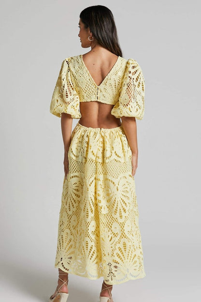 Lace Deep V-Neck Puff Sleeve Waist Cut Out Tiered Midi Dress