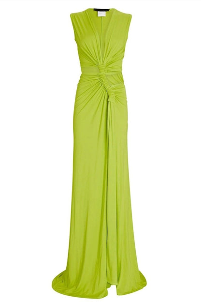 Plunging V-Neck Waist Cutout Knot Detail High Slit Maxi Dress