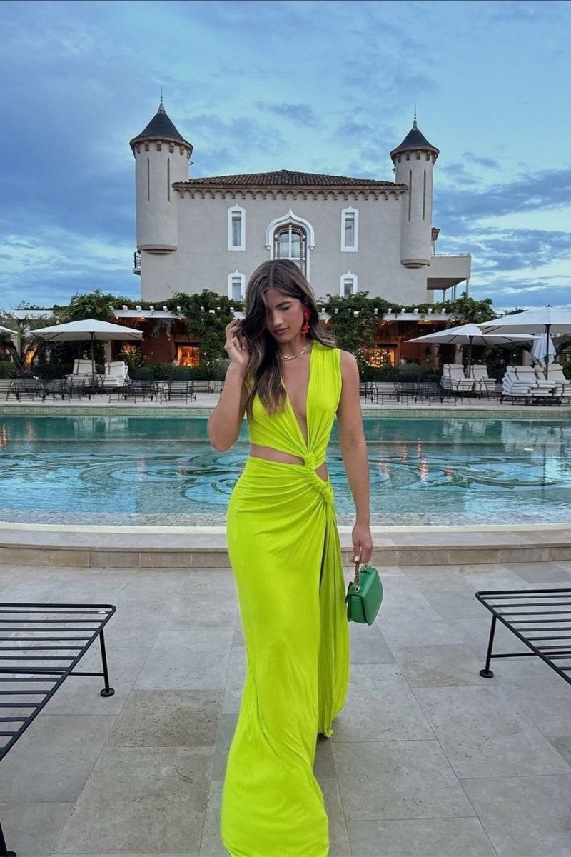Plunging V-Neck Waist Cutout Knot Detail High Slit Maxi Dress
