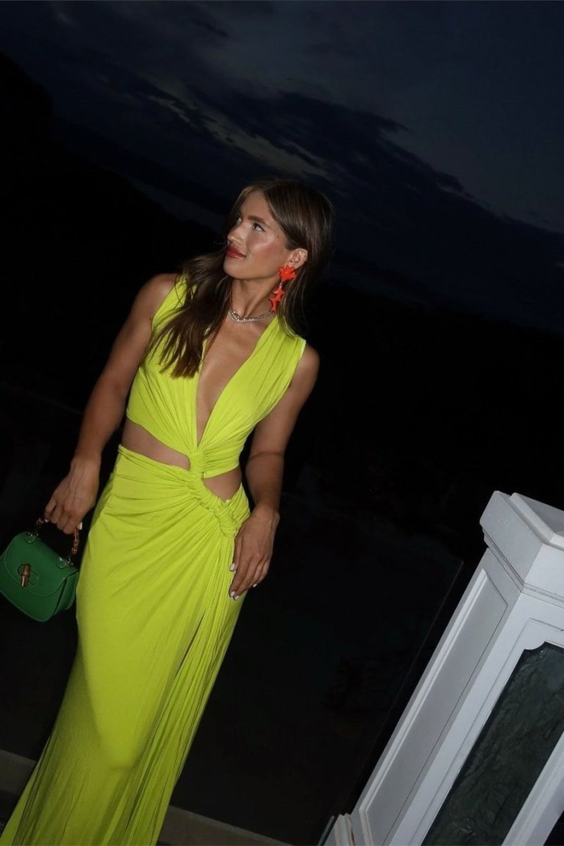 Plunging V-Neck Waist Cutout Knot Detail High Slit Maxi Dress