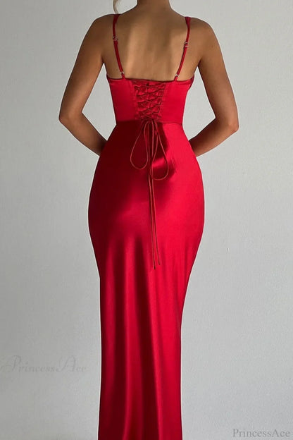 Satin Boned Spaghetti Strap Open Back Evening Dress